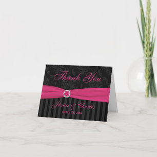 Pink Grey Black Damask Stripes Thank You Card