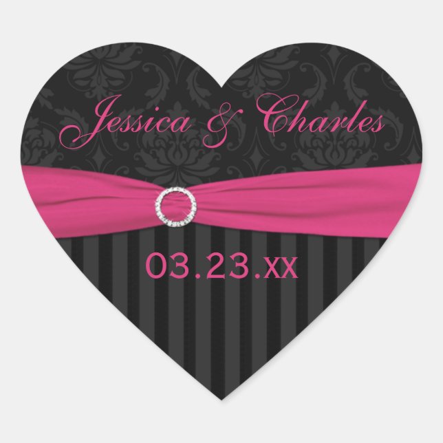 Pink Grey Black Damask Wedding Favour Sticker (Front)