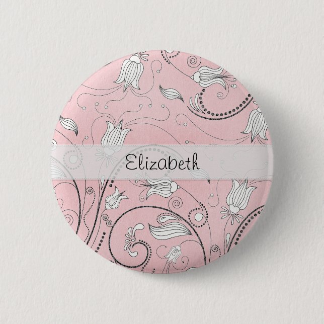 Pink Grey Black Flowers Stitched Vellum 2 Inch Round Button (Front)