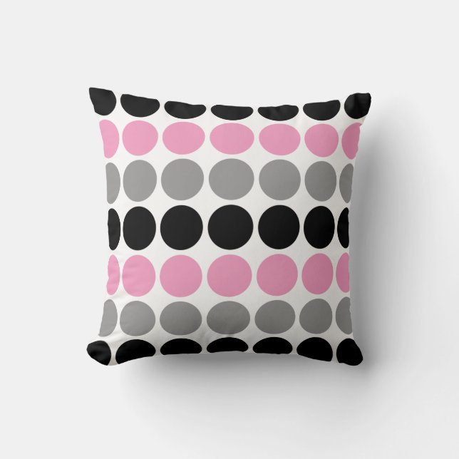 Pink, Grey, Black Retro Circles Pattern Throw Pillow (Front)