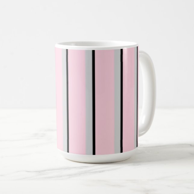 Pink, grey, black, stripe print coffee mug (Front Right)