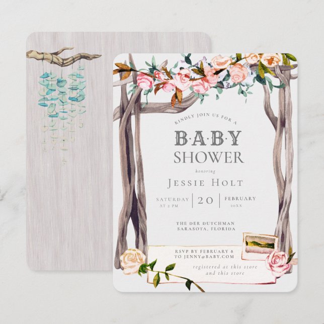 Pink & Grey Boho Coastal Beach Baby Shower Invitation (Front/Back)