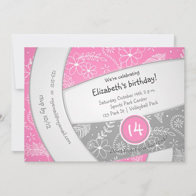 pink grey boho doodle volleyball sports birthday invitation (Front)
