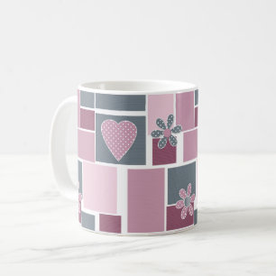 Pink grey brown patchwork of square patches coffee mug