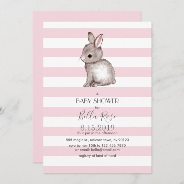 Pink grey bunny baby shower invitations (Front/Back)