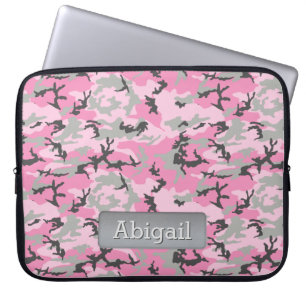 Pink Grey Camo Pattern Personalized Name Laptop Sleeve