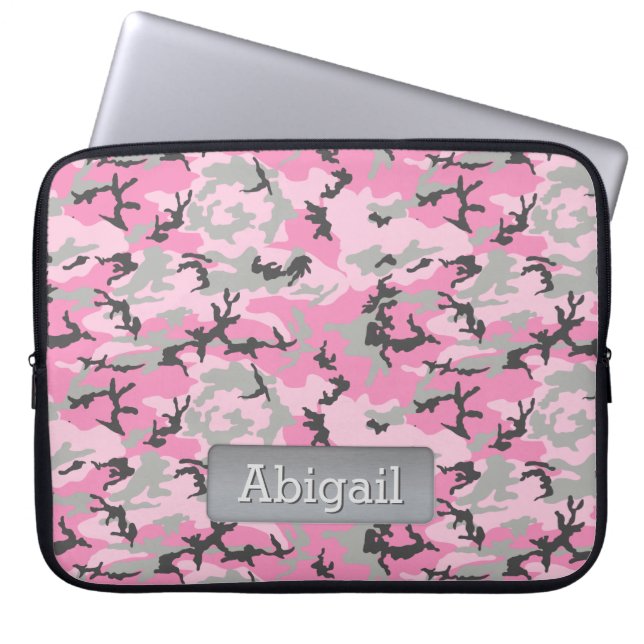 Pink Grey Camo Pattern Personalized Name Laptop Sleeve (Front)