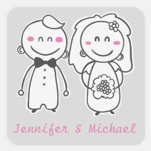 Pink & Grey Cartoon Bride And Groom Sticker / Seal