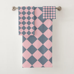 Pink Grey Chequered Diamond Pattern Bath Towel Set