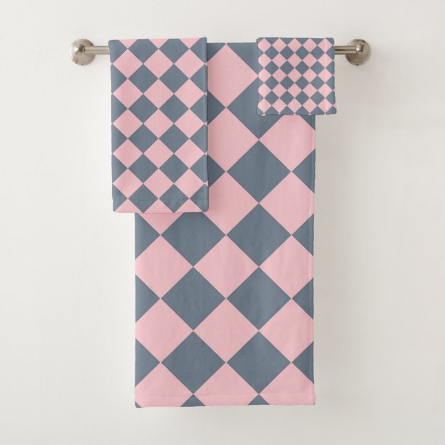 Pink Grey Chequered Diamond Pattern  Bath Towel Set (Insitu)