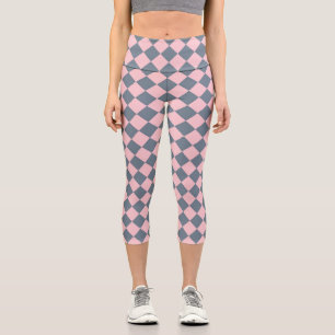 Pink Grey Chequered Diamond Pattern Capri Leggings