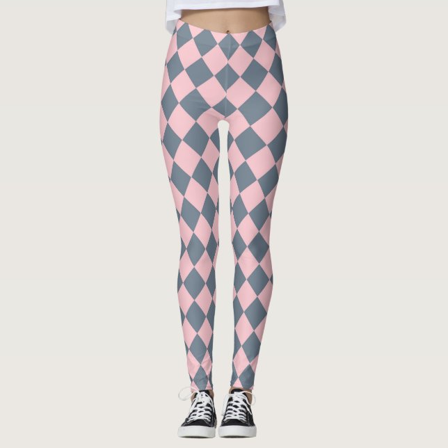 Pink Grey Chequered Diamond Pattern  Leggings (Front)