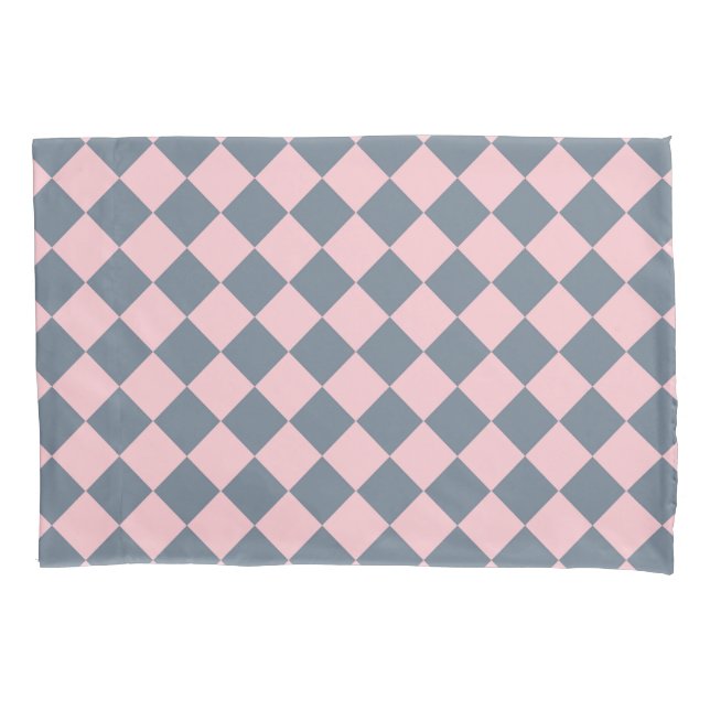 Pink Grey Chequered Diamond Pattern Pillowcase (Front-Left)