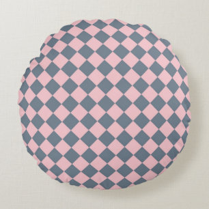 Pink Grey Chequered Diamond Pattern  Round Pillow