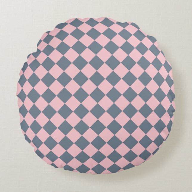 Pink Grey Chequered Diamond Pattern  Round Pillow (Front)
