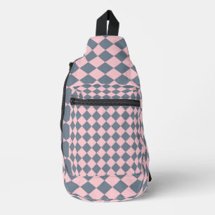 Pink Grey Chequered Diamond Pattern Sling Bag