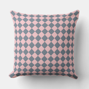 Pink Grey Chequered Diamond Pattern  Throw Pillow