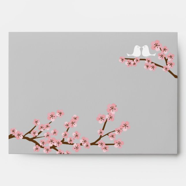 Pink & Grey Cherry Blossom Spring Wedding Envelope (Front)