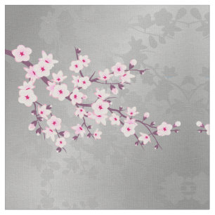 Pink Grey Cherry Blossoms Pattern Fabric