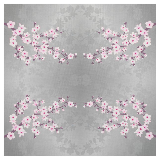 Pink Grey Cherry Blossoms Pattern Fabric (Swatch)