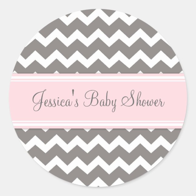 Pink Grey Chevron Baby Shower Favour Stickers (Front)