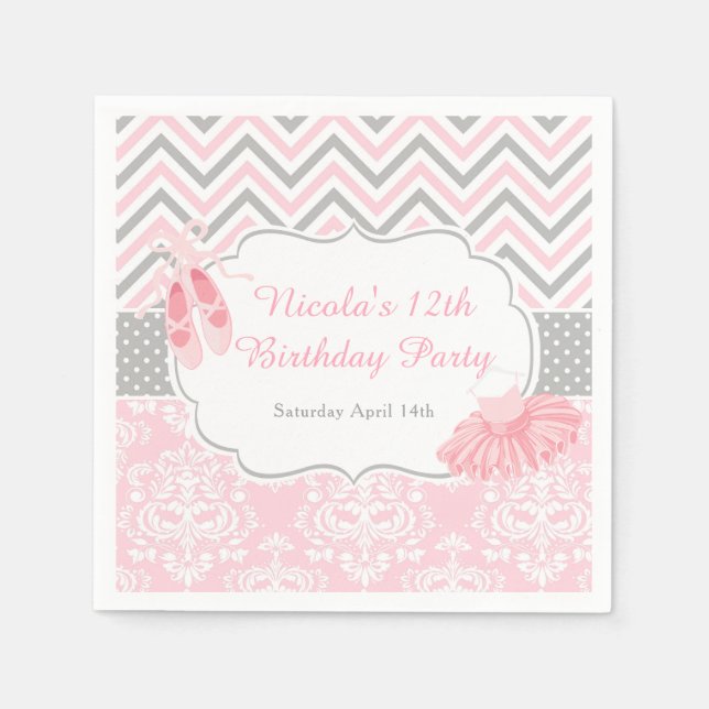 Pink & Grey Chevron Ballerina Birthday Napkin (Front)