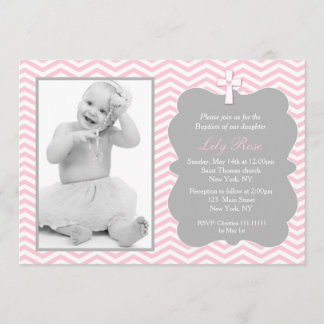 Pink Grey Chevron Baptism Invitations for girl