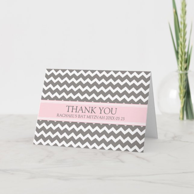 Pink Grey Chevron Bat Mitzvah Thank You Card (Front)