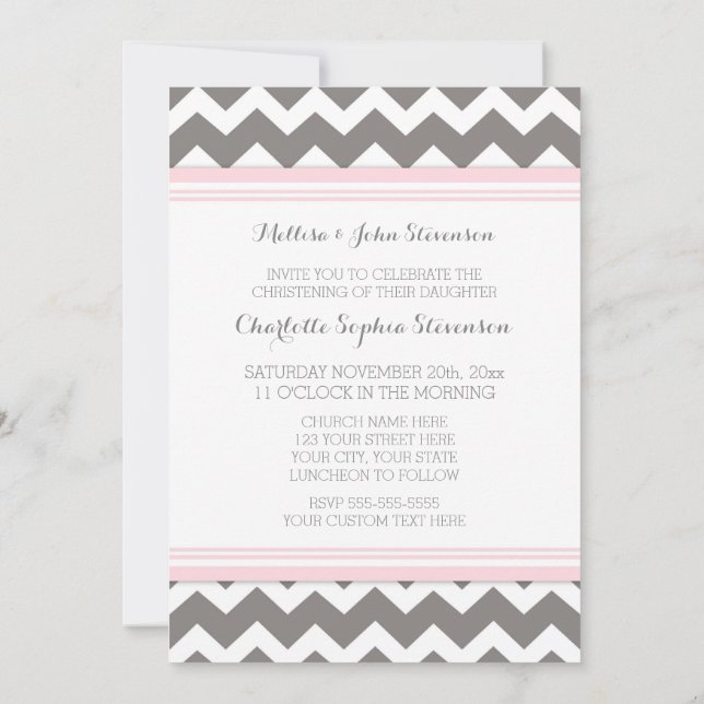Pink Grey Chevron Christening Invitation (Dos)
