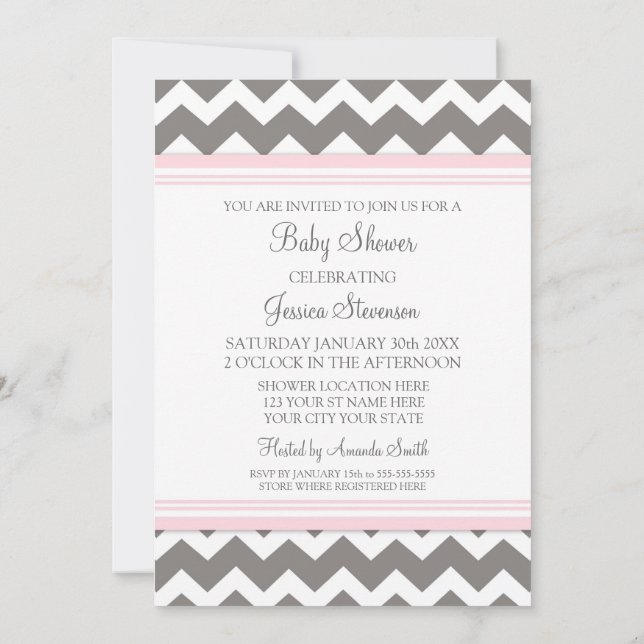 Pink Grey Chevron Custom Baby Shower Invitations (Back)
