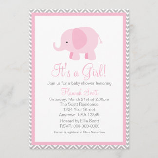 Pink Grey Chevron Elephant Girl Baby Shower Invite