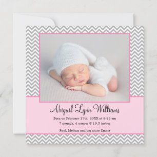 Pink Grey Chevron Girl Photo Faire-part de naissan