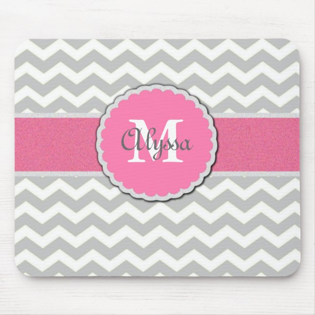 Pink Grey Chevron Personalized Mousepad (Front)