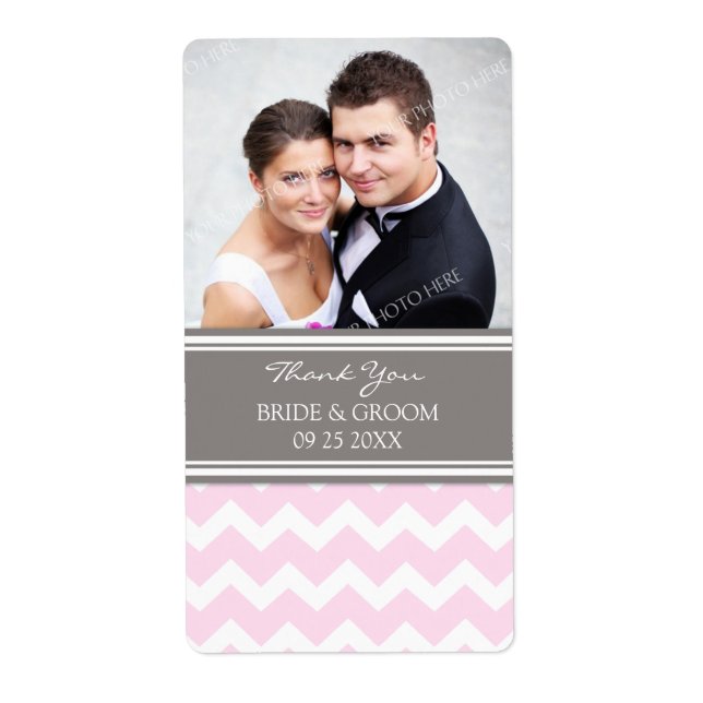 Pink Grey Chevron Photo Wedding Labels (Front)