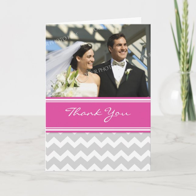 Pink Grey Chevron Photo Wedding Thank You Card (Front)