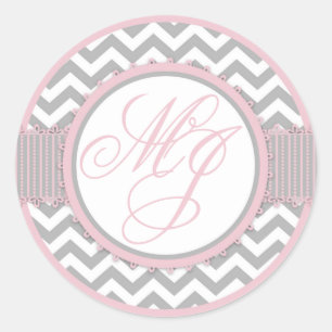 Pink & Grey Chevron Print Monogram Classic Round Sticker