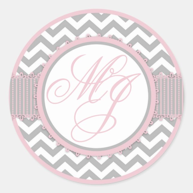 Pink & Grey Chevron Print Monogram Classic Round Sticker (Front)