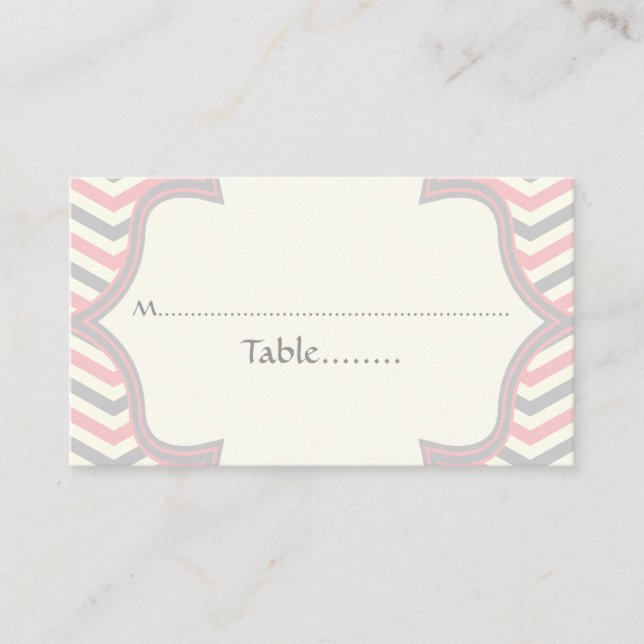 Pink, grey chevron zigzag wedding place card (Front)