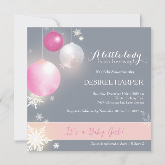 Pink & Grey Christmas Baby Girl Shower Invitation (Front)