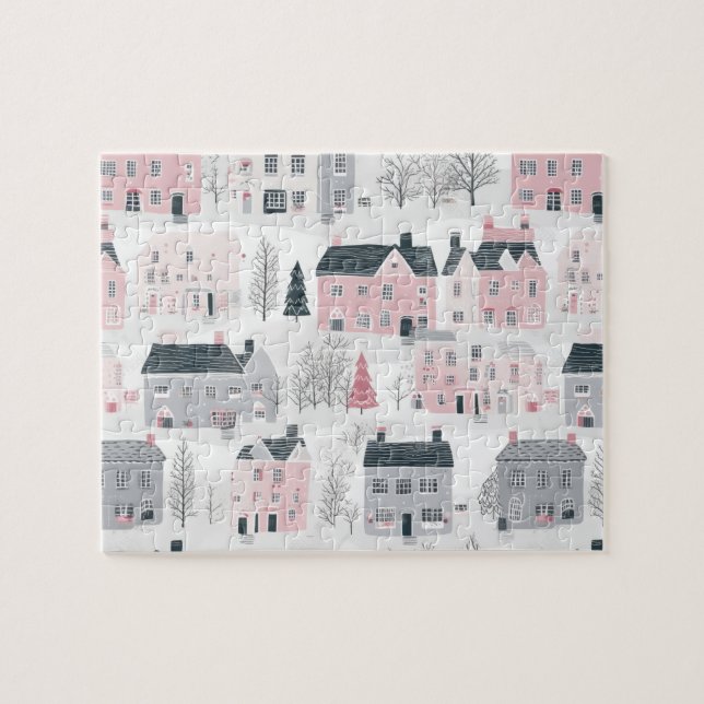 Pink Grey Christmas Houses on White Jigsaw Puzzle (Horizontal)