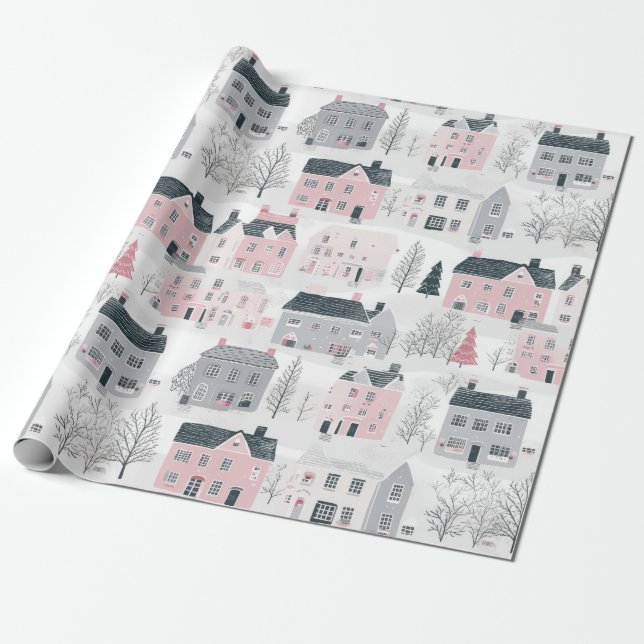 Pink Grey Christmas Houses on White Wrapping Paper (Unrolled)