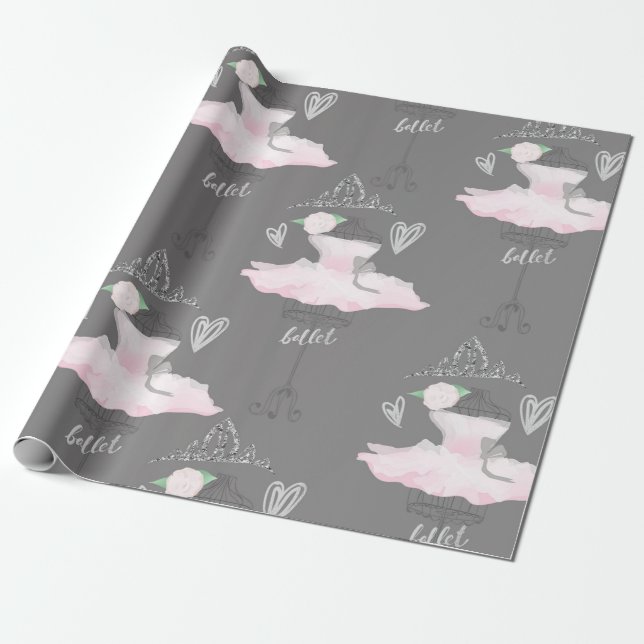 Pink & Grey Couture Ballerina Birthday Party Wrapping Paper (Unrolled)