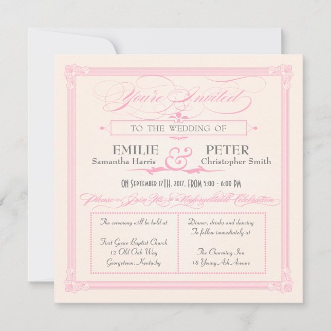 Pink, Grey & Cream Poster Style Wedding Invitation (Front)