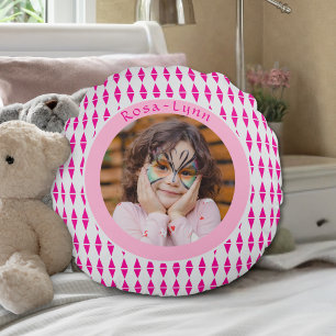 Pink Grey Custom Photo Round Pillow
