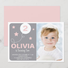 Pink & Grey Cute Dreamer Kids Photo Birthday Invitation