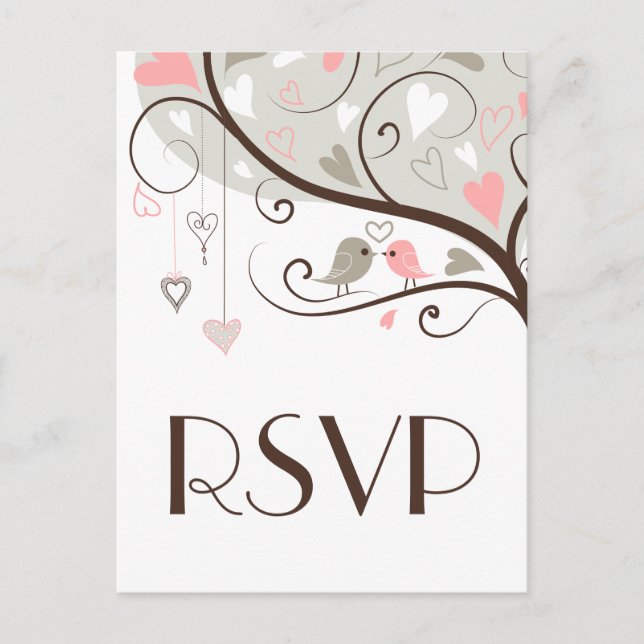 Pink & Grey | Cute Lovebirds Wedding RSVP Postcard (Front)