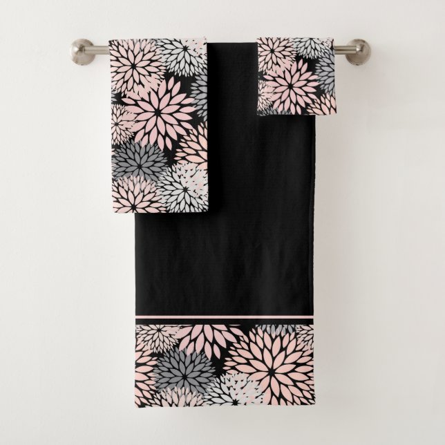 Pink Grey Dahlia Floral Pattern Bath Towel Set (Insitu)