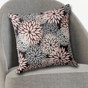 Pink Grey Dahlia Flower Pattern on Black Throw Pillow