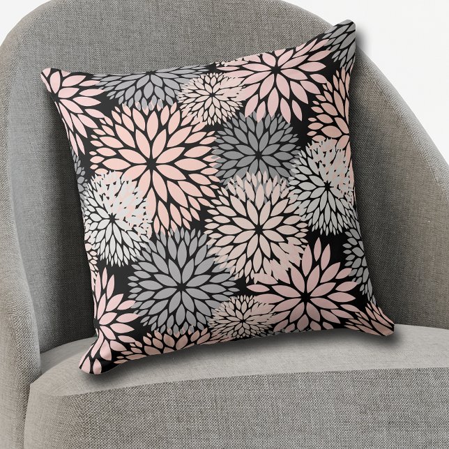 Pink Grey Dahlia Flower Pattern on Black Throw Pillow (Creator Uploaded)