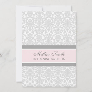 Pink Grey Damask 16th Bithday Party Invitation